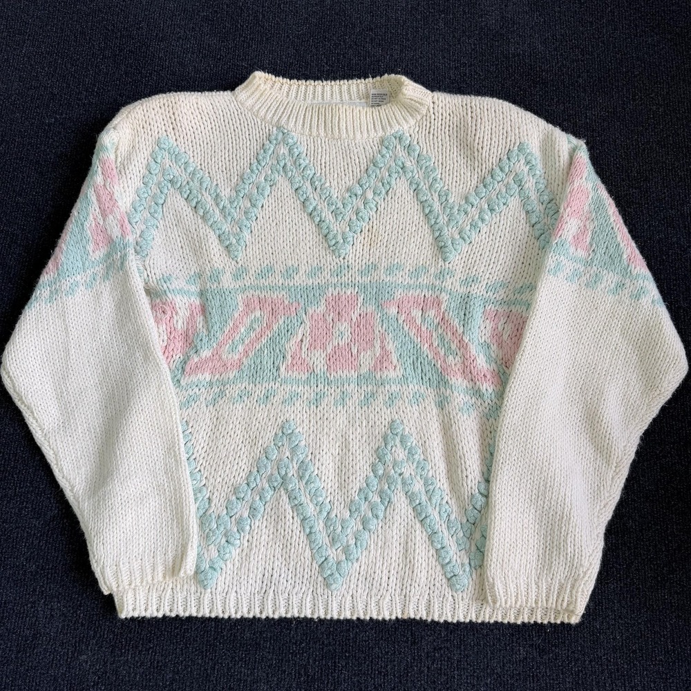 Vintage Liz Thomas Sweater Womens Medium White Crew Neck Geometric Chunky-Knit